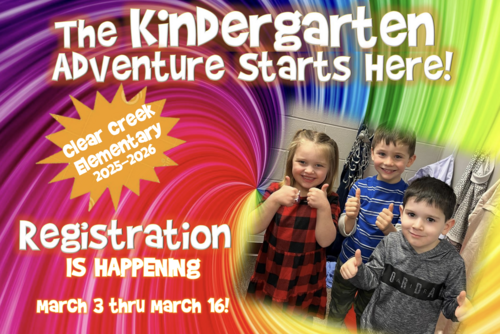 A picture of kindergarten aged students with text information about kindergarten registration